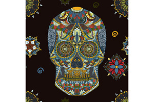 Day Of The Dead Sugar Skull Seamless Pattern Mexican Decoration Vector Tattoo, Skeleton Hand Drown Illustration In Boho Style With Ornaments Backgroun