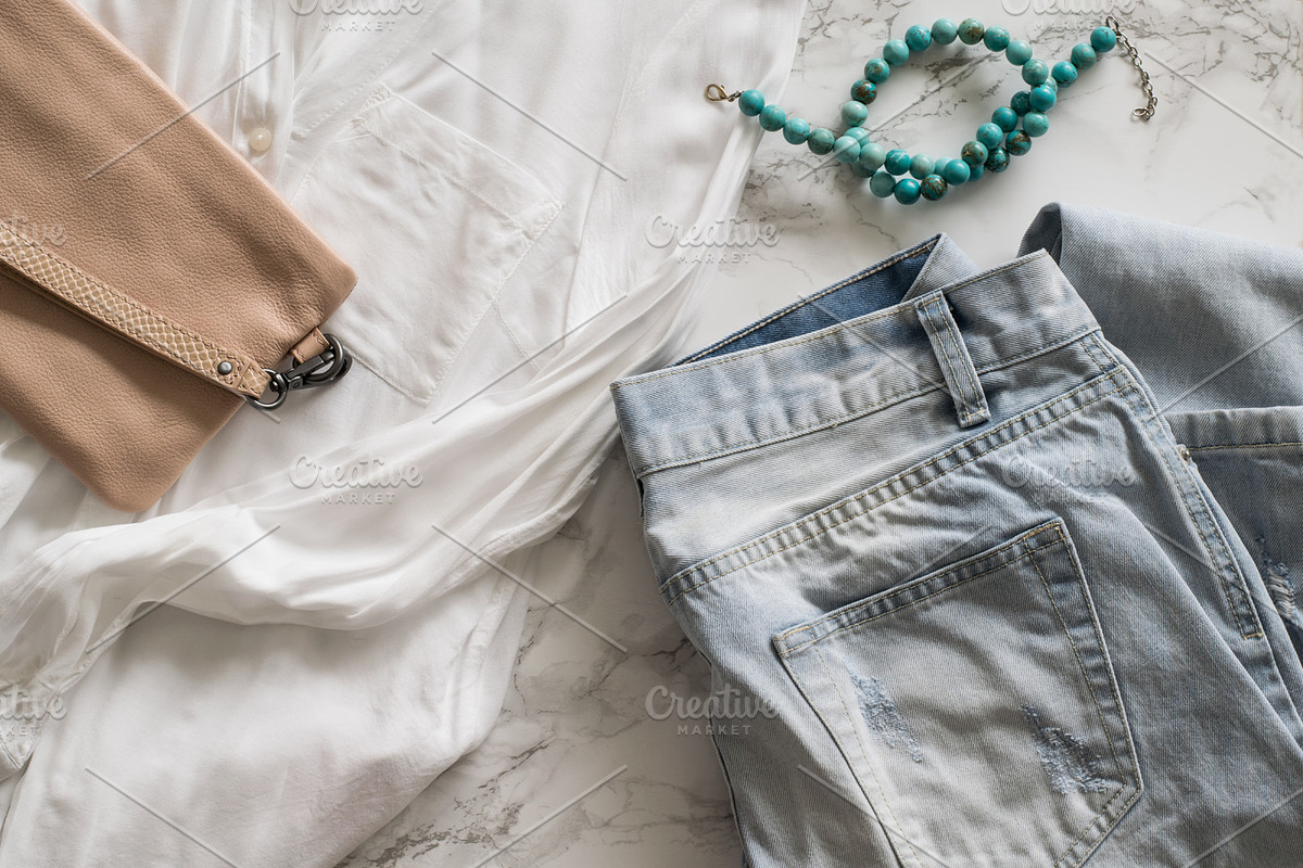 Fashion outfit on marble background stock photo containing t-shirt and shirt, a Beauty & Fashion Photo by Lum3n (Photo 1 of 2)