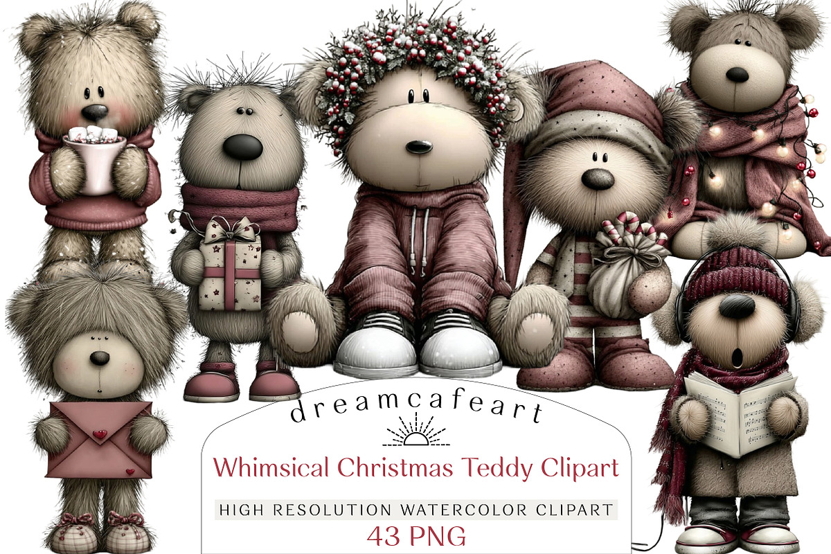 Whimsical Christmas Teddy Clipart, an Illustration by DreamCafeArt (Photo 1 of 6)