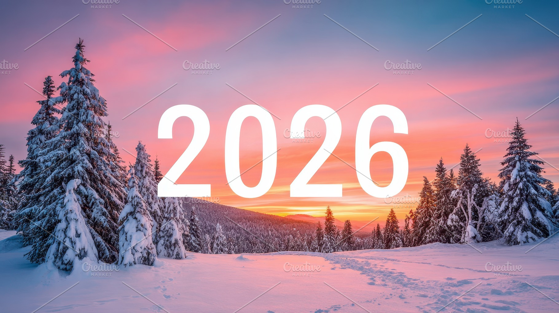 Winter landscape with sunset and year 2026, a Holiday Photo by AlyaAnd