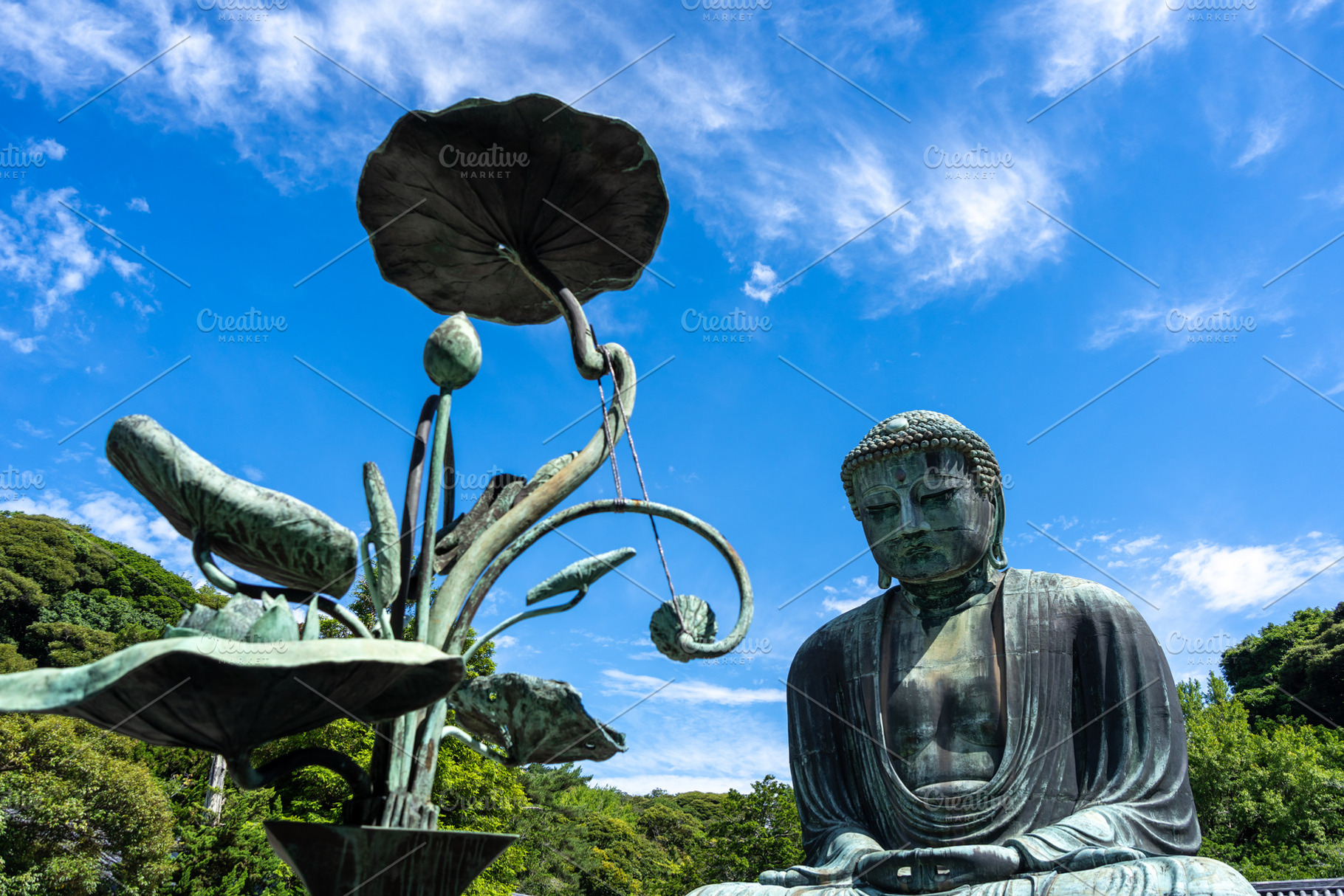 Great Buddha Daibutsu and lotus sculpture at Kotoku-in temple, K, an Architecture Photo by GoodGoods
