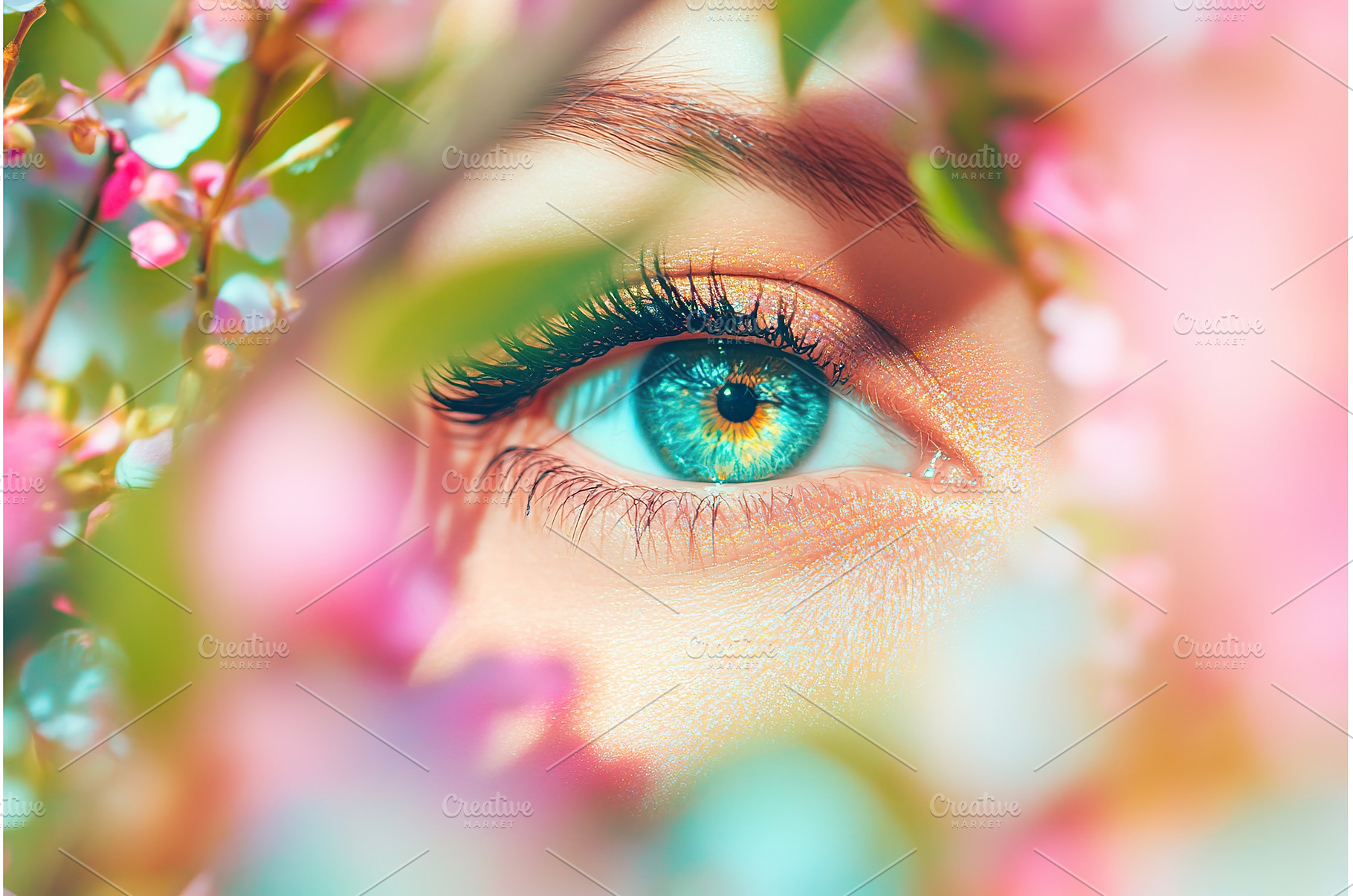 Close up of blue eye amidst blossoms, a Beauty & Fashion Photo by Lermont51