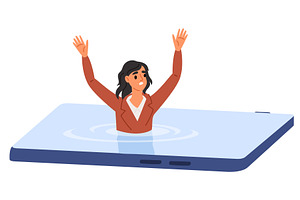 Woman drowns on cell phone screen, a Technology Illustration by Vectorbuum