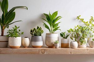 Stylish indoor plants displayed in elegant pots along a wooden shelf in a moder, a Photo by AlyaAnd