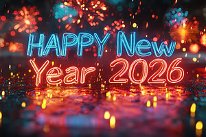 Neon happy new year 2026 glowing sign with fireworks and reflect, a Background Photo by José Manuel Gelpi