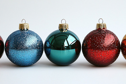 Festive Christmas ornaments in red, blue, green, and gold displa, a Holiday Photo by José Manuel Gelpi