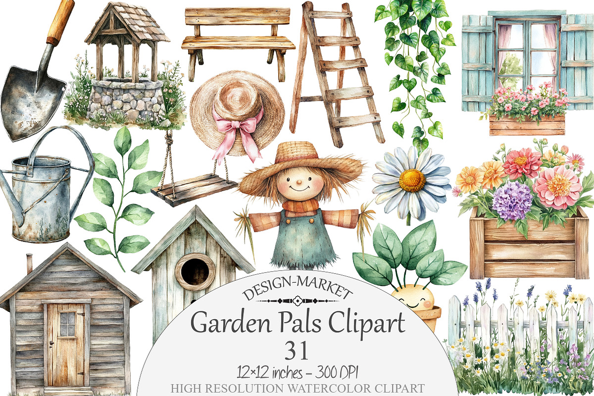 Watercolor Garden Pals Clipart, a Seasonal Illustration by Design Market (Photo 1 of 4)