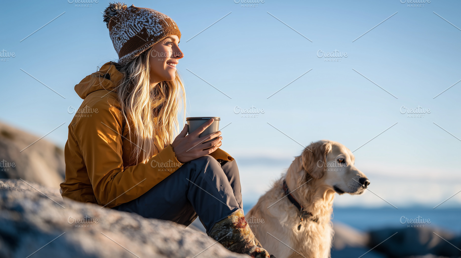 Woman in warm clothing sit with dog, an Animal Photo by MistyDay