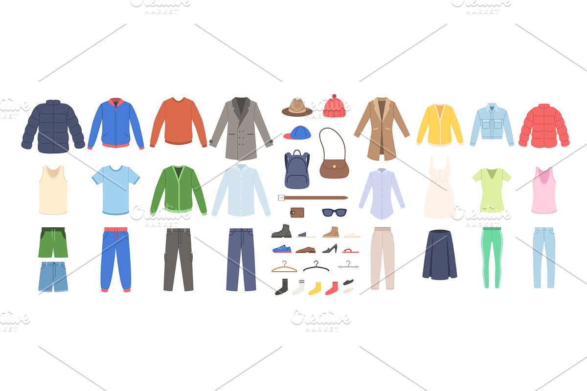 Male female clothes and accessories, an Illustration by studioworkstock