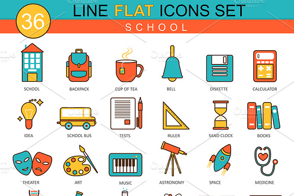 36 School Flat Line Icons Set.