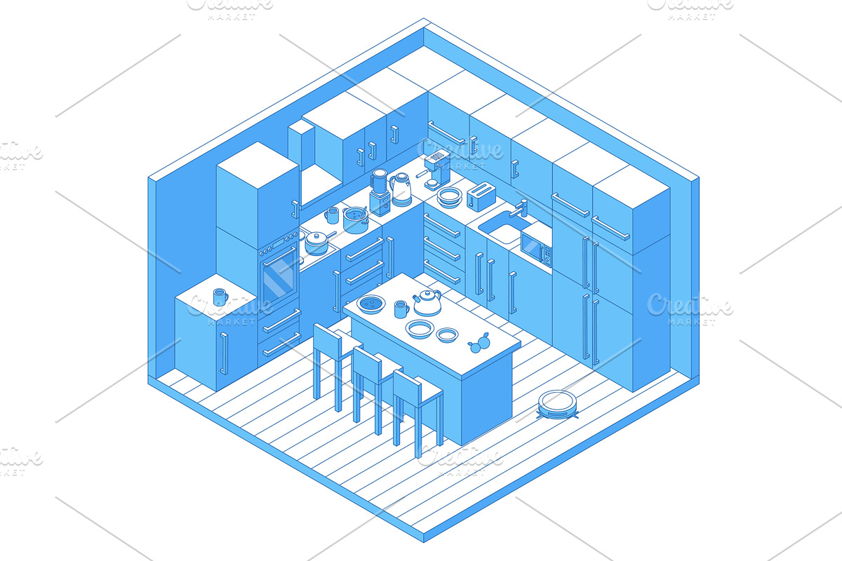 Isometric kitchen interior. Cooking, an Object Illustration by Valerie Bodnar