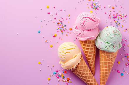 Colorful ice cream scoops with sprinkles in waffle cones on pink background, a Food & Drink Photo by AlyaAnd