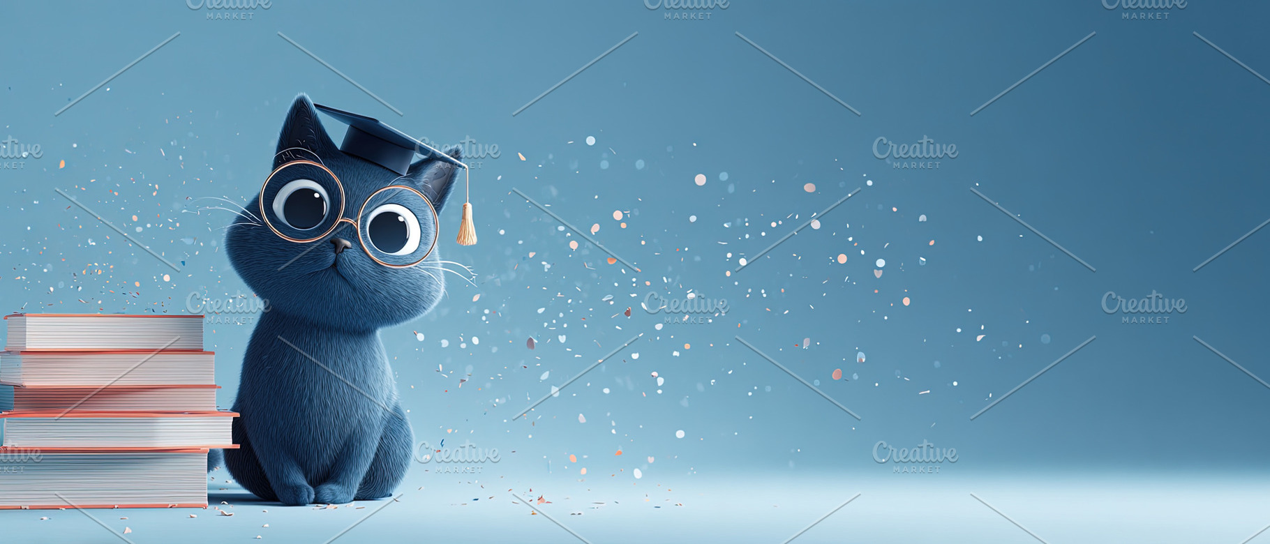Adorable blue cat in graduation cap and glasses sits beside stac, an Abstract Photo by Ales Munt
