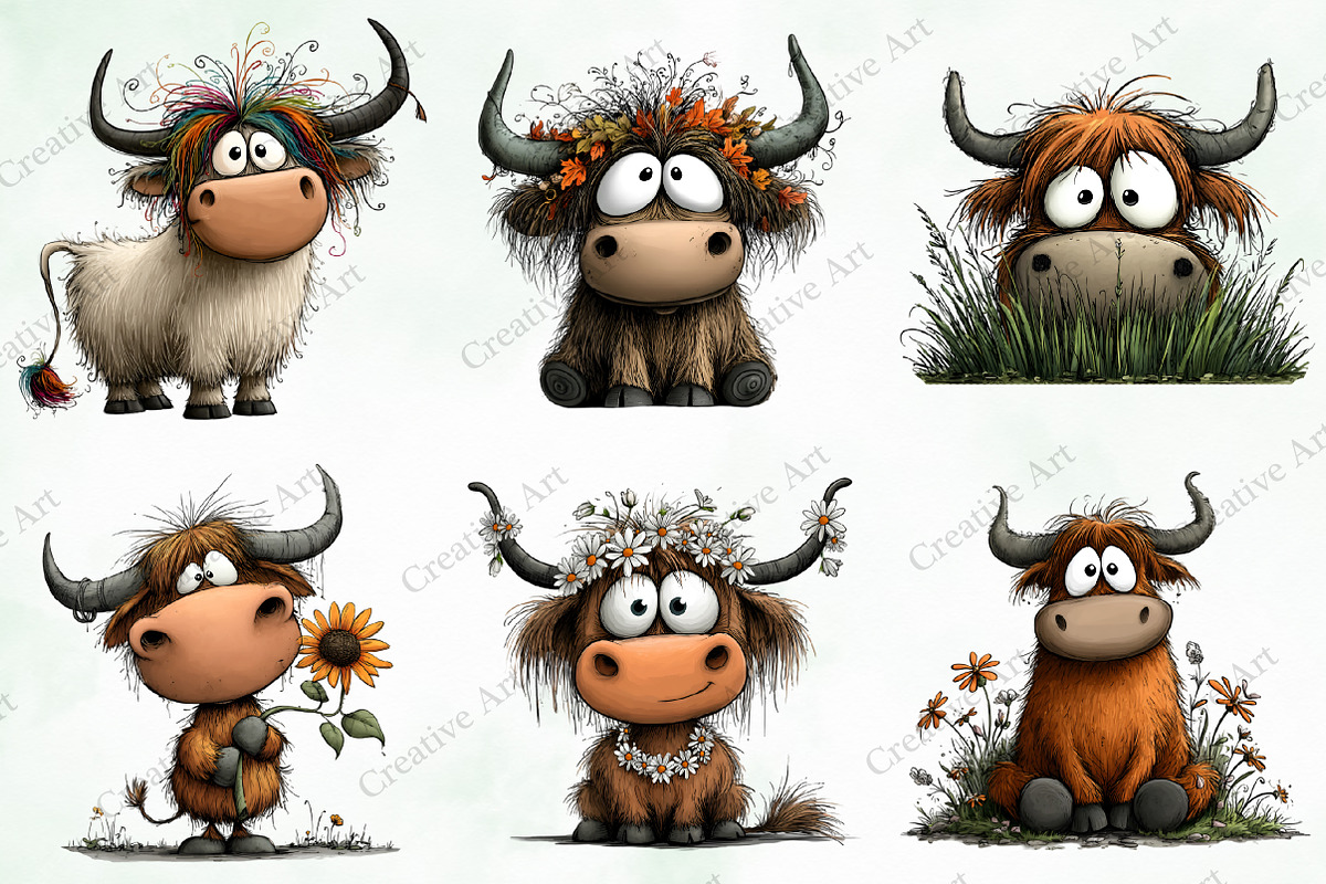 Whimsical Highland Cow Clipart, an Illustration by Creative Art (Photo 2 of 10)