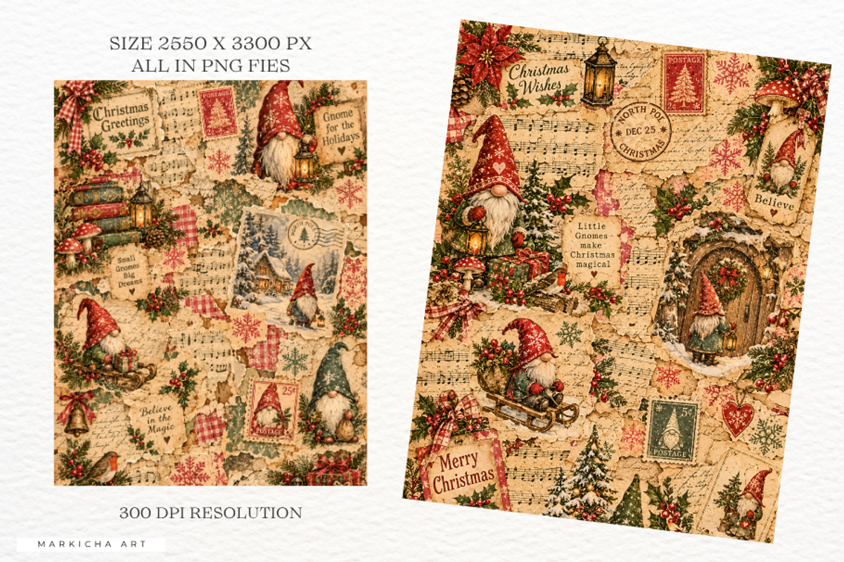 Gnomes Christmas Junk Journal Pages, a Background Graphic by Markicha Art (Photo 3 of 5)