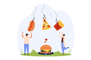 Tiny People Addicted to Junk Food, a Food Illustration by Flashvector