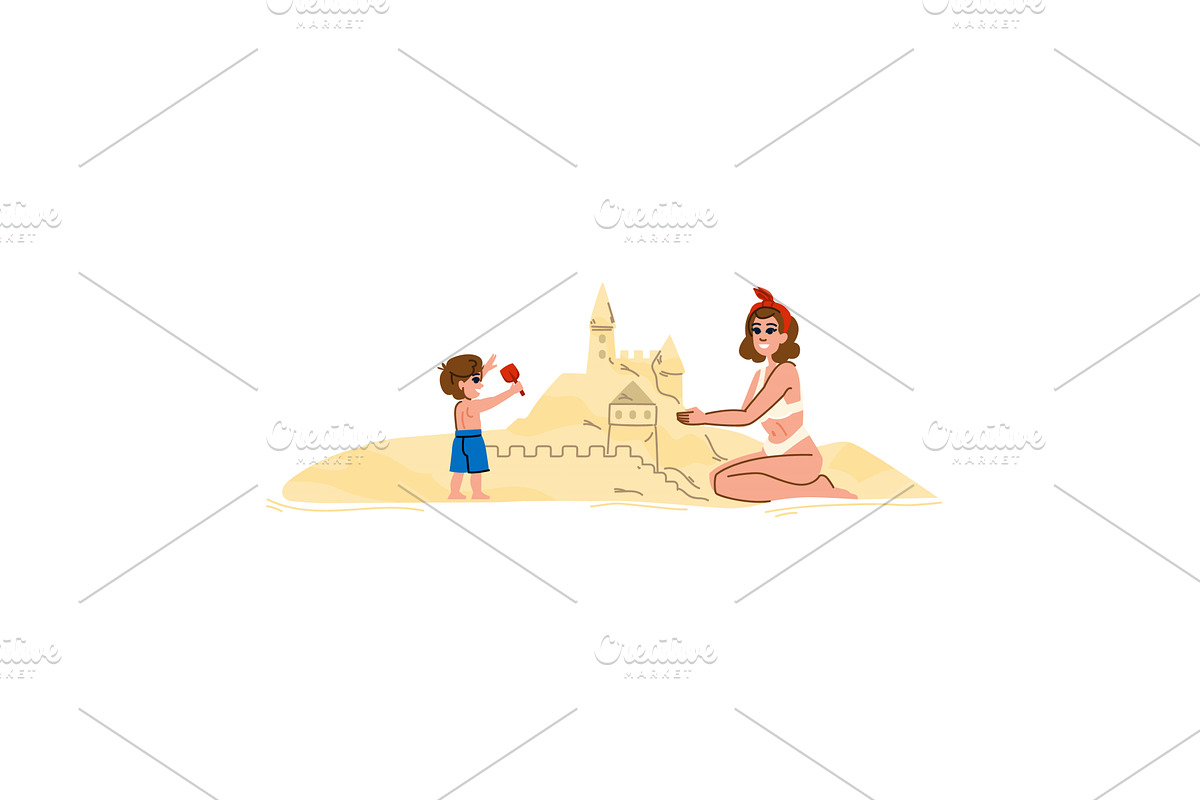 Mother and son building sandcastle, an Object Illustration by pikepicture