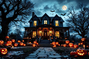 Spooky haunted house decorated with, a Holiday Photo by Volff
