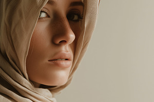Portrait of a woman in beige scarf, a Person Photo by MistyDay