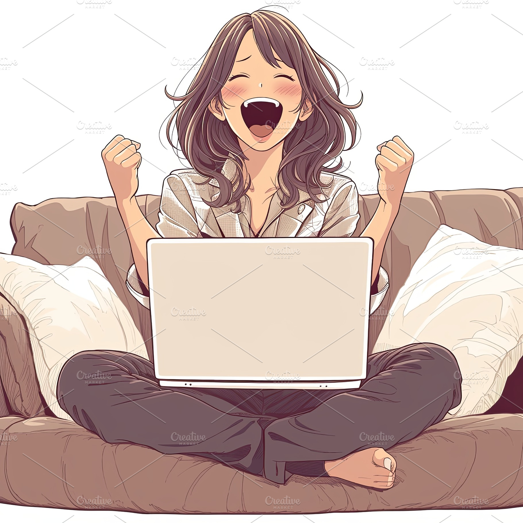 Excited woman on couch with laptop celebrating success, a Photo by AS photostudio