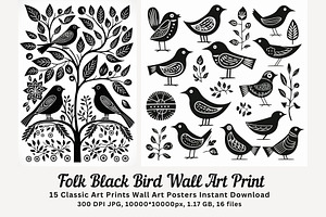 15 folk black bird wall art print, a Decorative Illustration by ARTOZEN DIGITAL