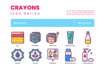 90 Skincare Icons - Crayons Series, an Outline Icon by Flat Icons