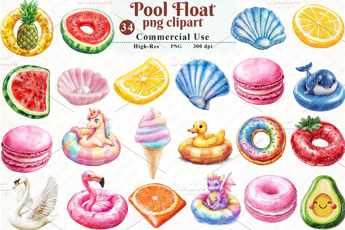 Pool Float Watercolor Clipart, an Illustration by Watercolor design (Photo 1 of 12)