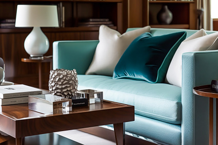 Modern luxury interior with turquiose decor details, velvet cush, an Architecture Photo by Anneleven