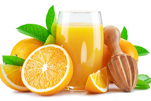 Glass of fresh orange juice and orange fruits isolated on white, a Food & Drink Photo by Volff