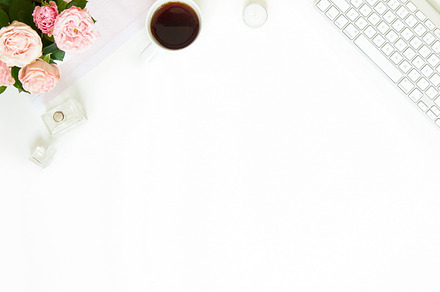 Styled desk containing minimalist stock images, social media stock, and, a Business Photo by Kate Roubin