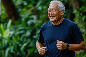 Senior man jogging in a green park, a Photo by Beautiful things