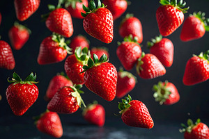 Fresh strawberries floating in midair against dark background, a Food & Drink Photo by GoodGoods