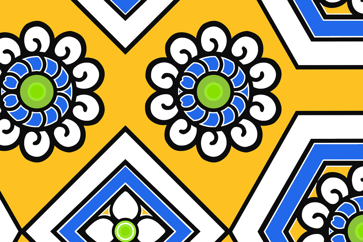 Blue and Yellow Floral Geometric Sea, a Pattern Graphic by Sharon Schwalbe (Photo 1 of 2)