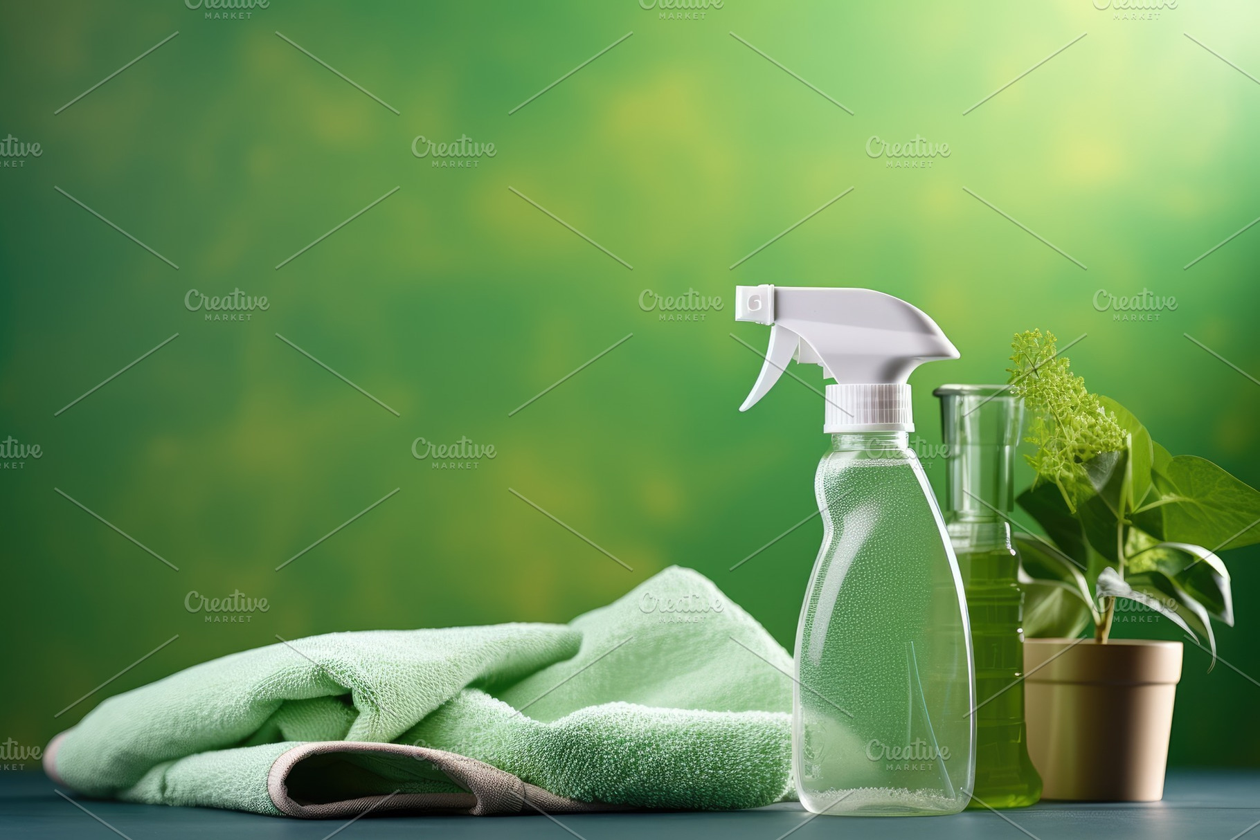 Cleaning products on a green backgro, a Photo by Iftikhar Alam