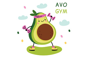 Cute happy avocado card. Cartoon, a Sport Illustration by Vectorbuum