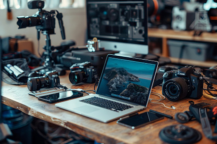 A cluttered workspace displays multi, a Photo by Tanuart
