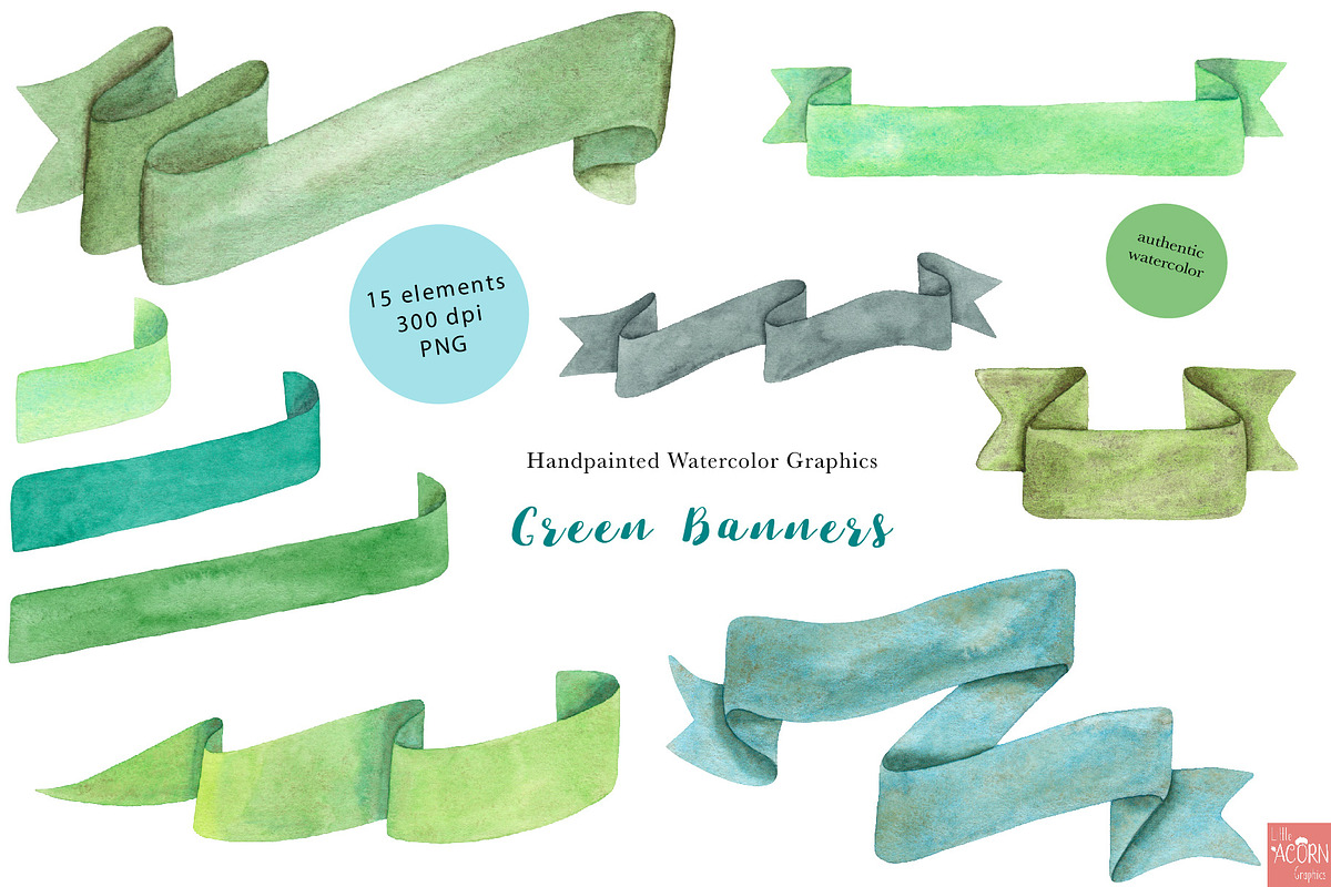 Green Watercolor Banners, an Illustration by LittleAcornGraphics (Photo 4 of 4)