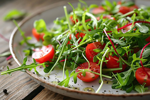 Fresh salad with microgreen, arugula and tomatoes in plate on wooden table, a Food & Drink Photo by AlyaAnd