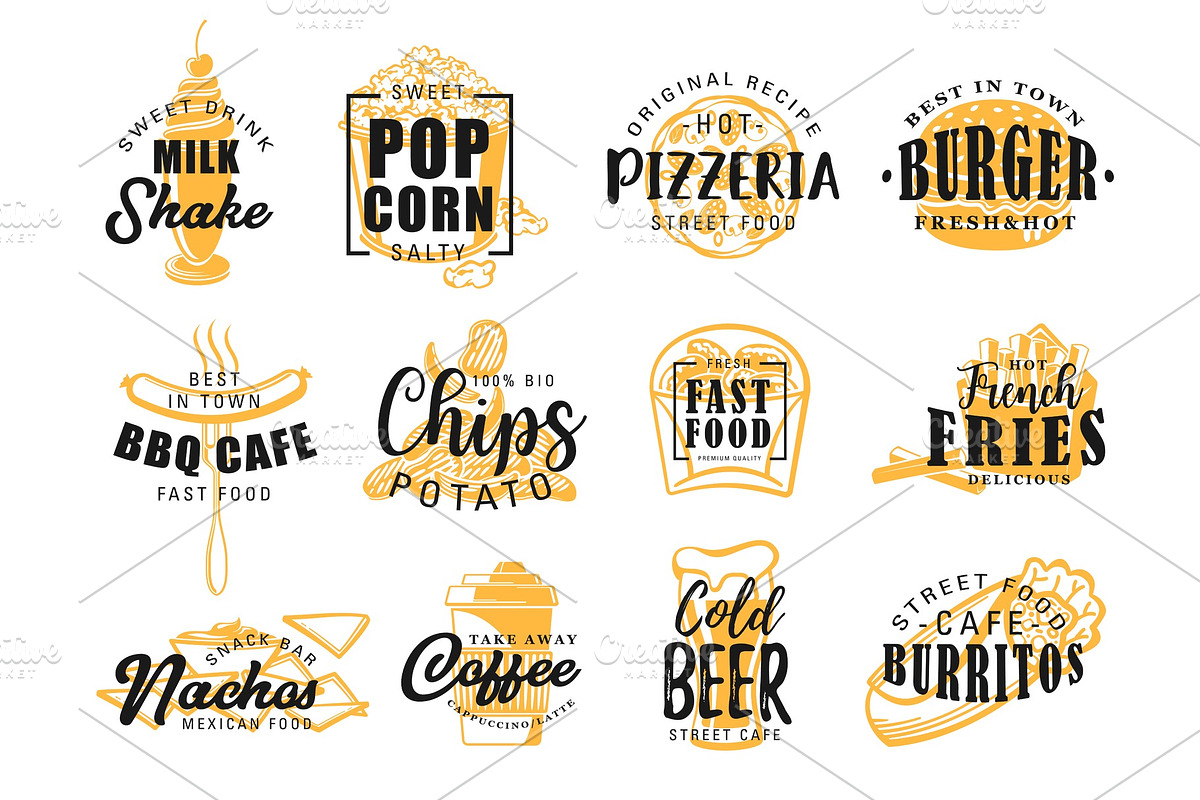 Fast food lettering icons, a Food Illustration by Vector Tradition ...