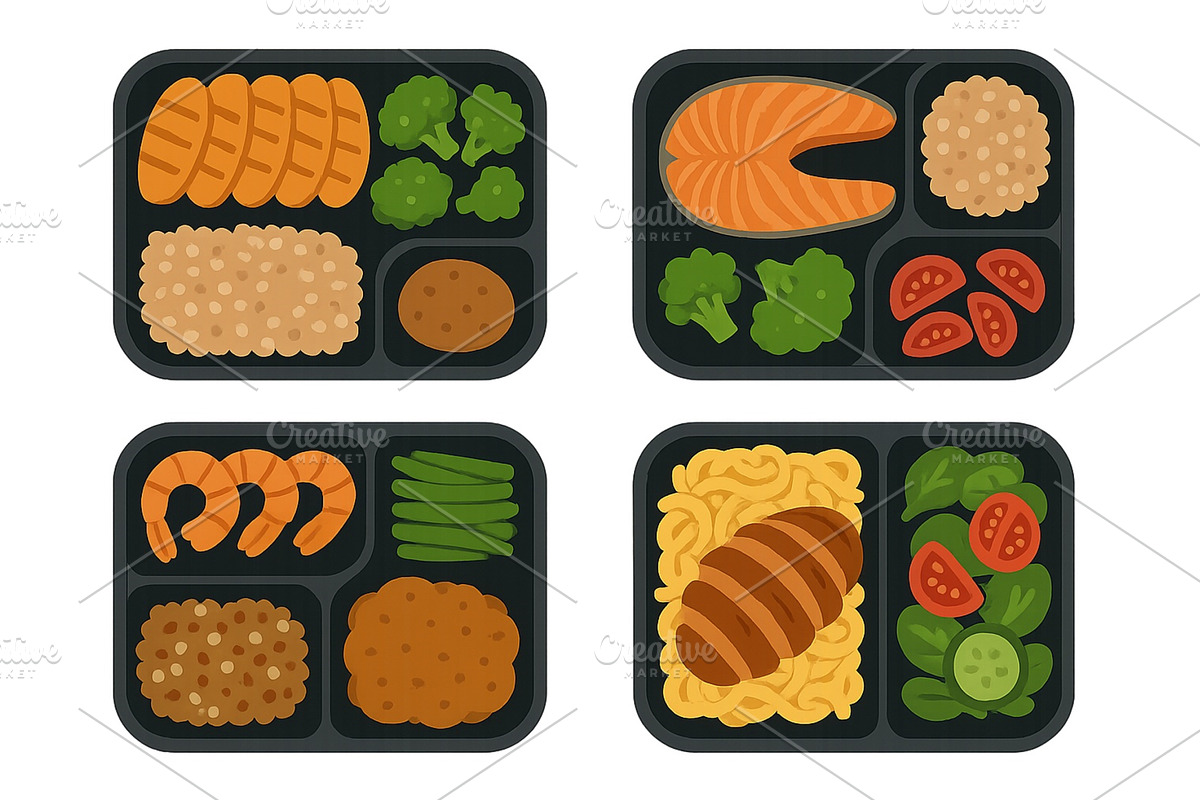 Collection of balanced meal trays, a Food Illustration by ZinetroN