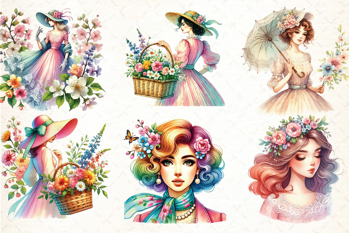 Vintage Spring Woman Clipart, an Illustration by DreamCafeArt (Photo 3 of 5)