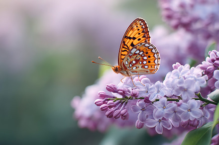 Butterfly perched on blossoming lilac flowers in a serene garden setting during, an Animal Photo by AlyaAnd
