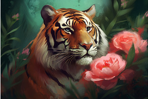 Tiger Head Roses. Generate Ai