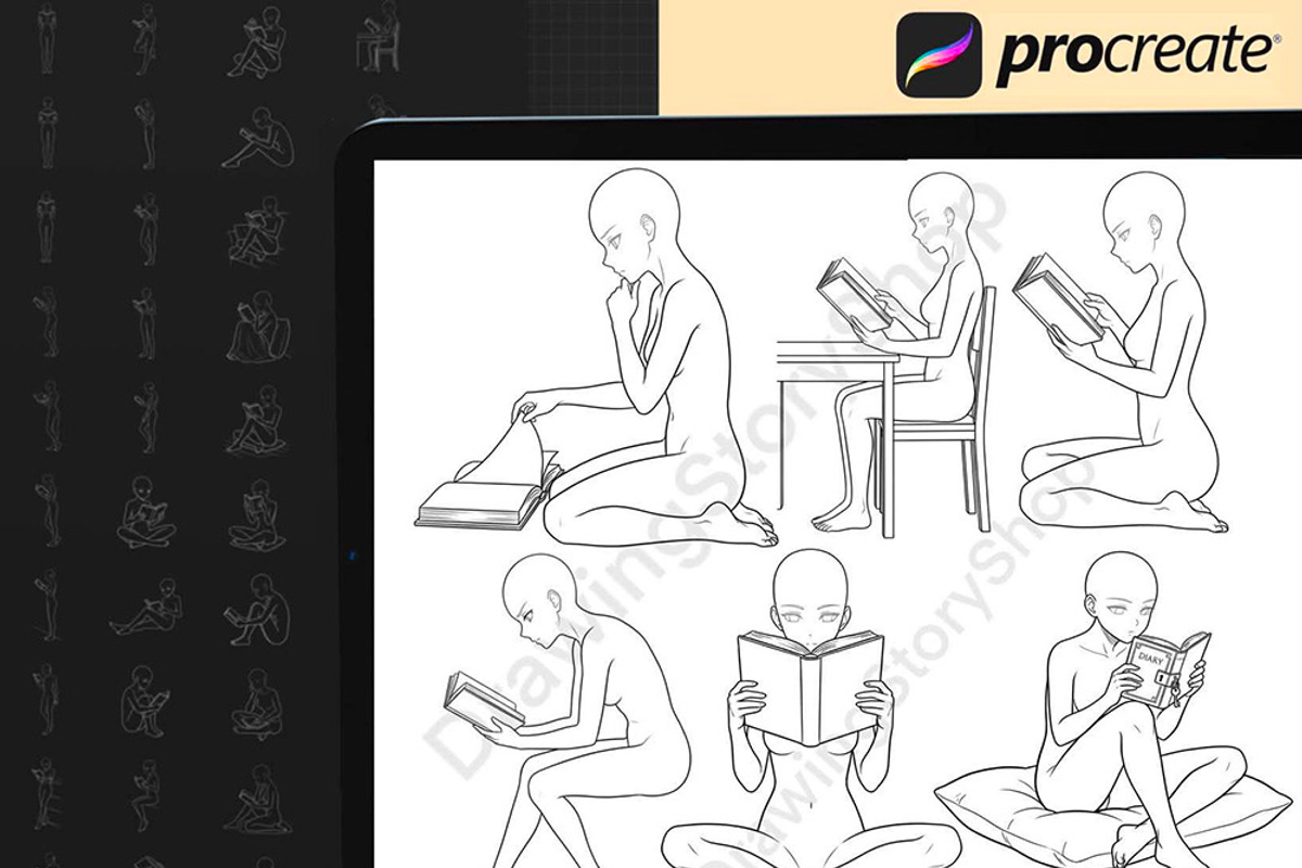 Anime Reading Poses Procreate Stamps, a Brush Add-On by DrawingStoryShop