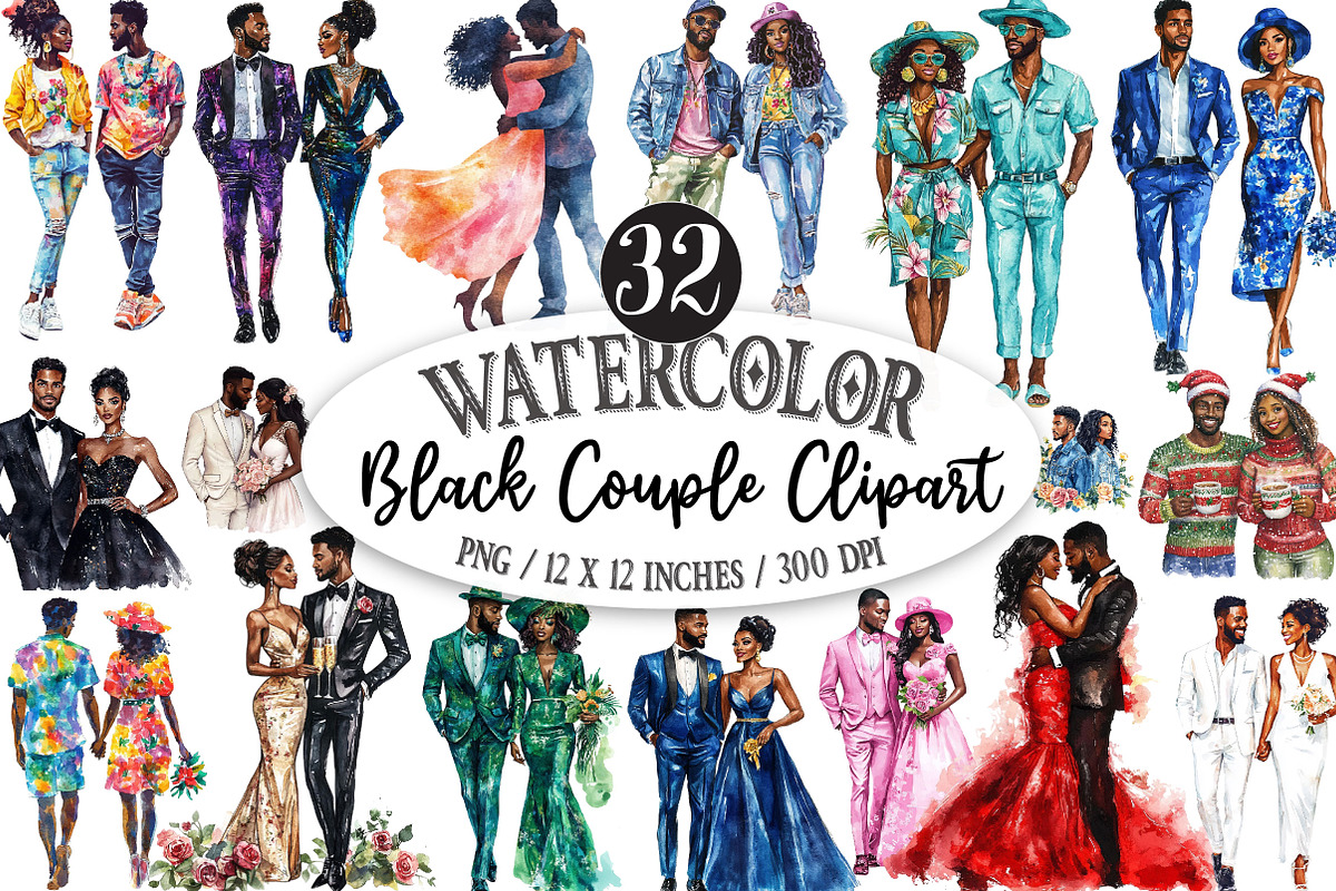 Black Couple Watercolor Set, a Seasonal Illustration by Designking (Photo 1 of 5)