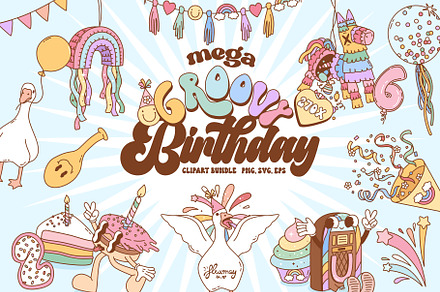 Retro Groovy Birthday Party Bundle, a Decorative Illustration by Huxmay
