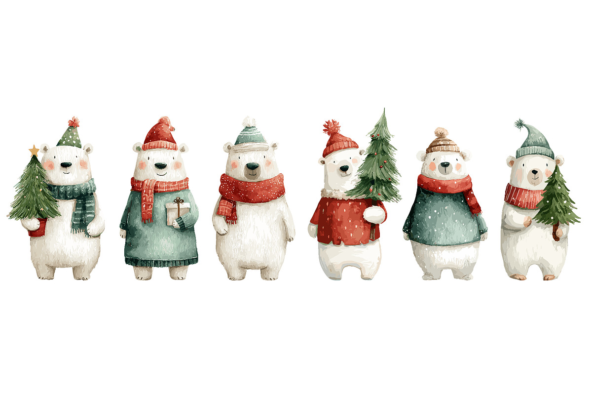 Christmas white bear set, an Animal Illustration by Ksania
