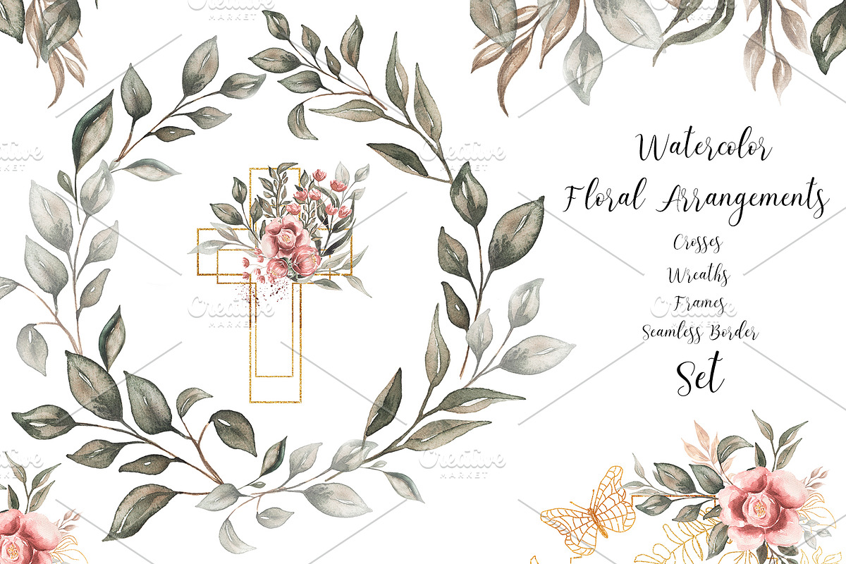 Watercolor Floral Cross, Wreath Set, a Decorative Illustration by MayaNavits (Photo 1 of 7)