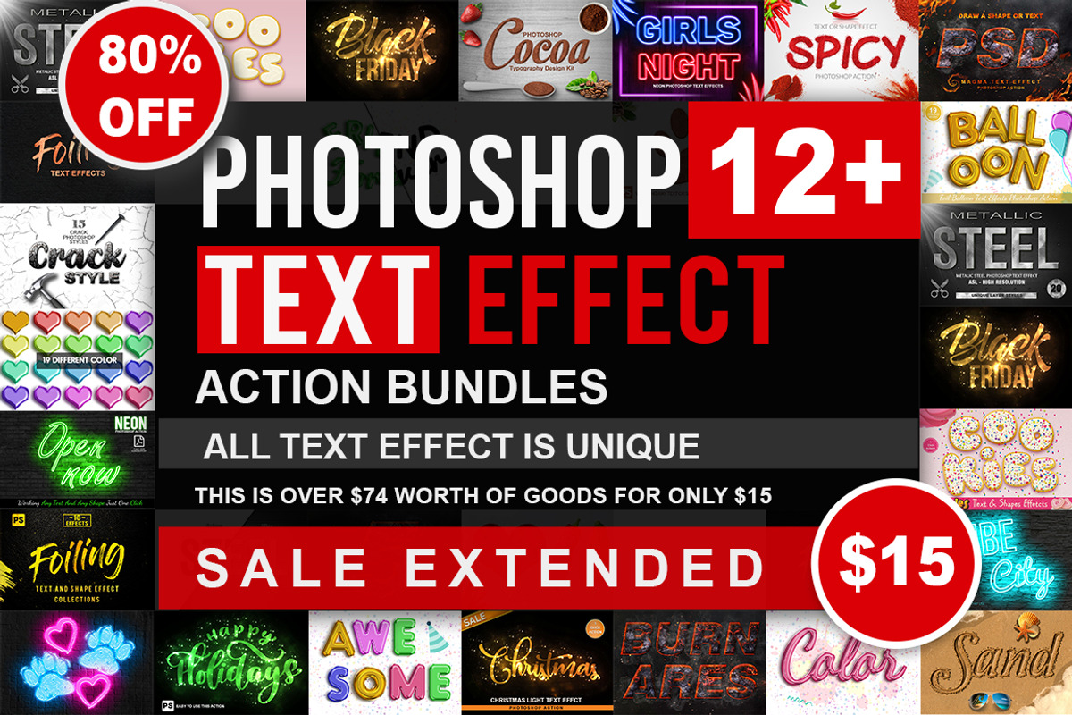 Text Effect Photoshop Action Bundle, an Action Add-On by DESIGNAVO (Photo 1 of 19)