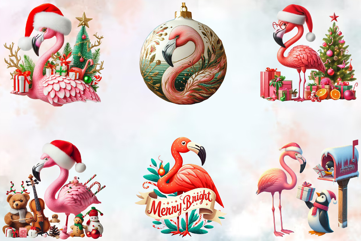 Watercolor Christmas Flamingo Clipar, an Illustration by SVGArt (Photo 8 of 8)